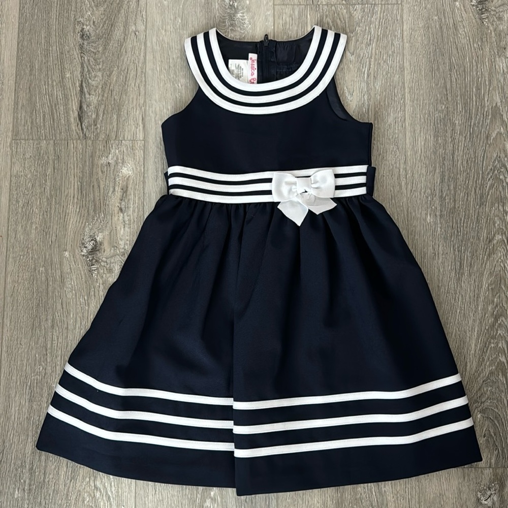 NWOT Jessica Ann Girls Navy & White Nautical Dress w/Zipper & Tie in Back Size 5 - Picture 1 of 7
